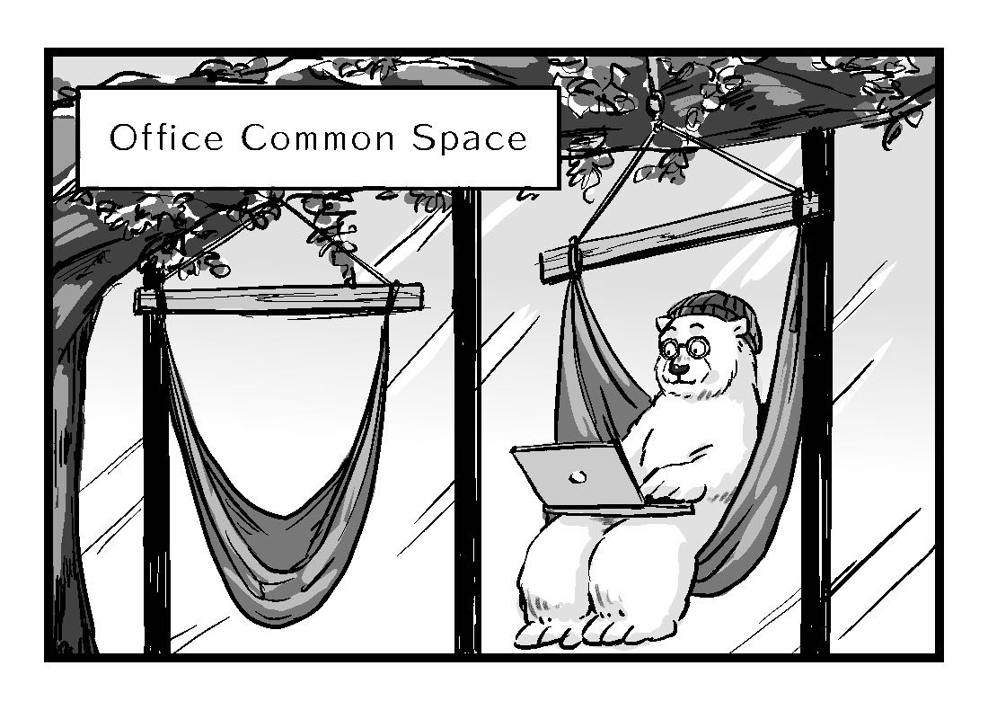 Alex working from a hammock in the office common space