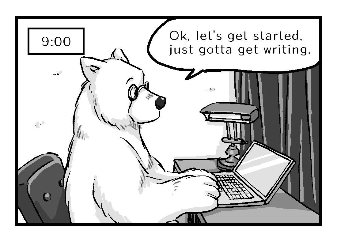 At 9 am, Alex the polar bear sits down, ready to start writing