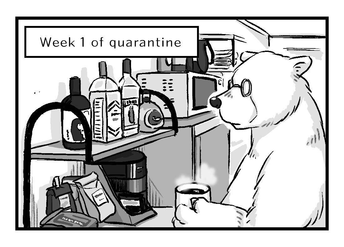 Week 1 of quarantine, Alex is at home standing in front of the coffee machine