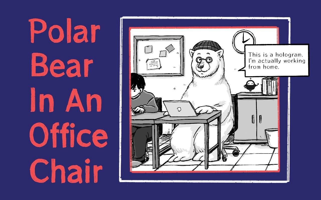 Polar bear sitting in an office chair, claiming to be a hologram