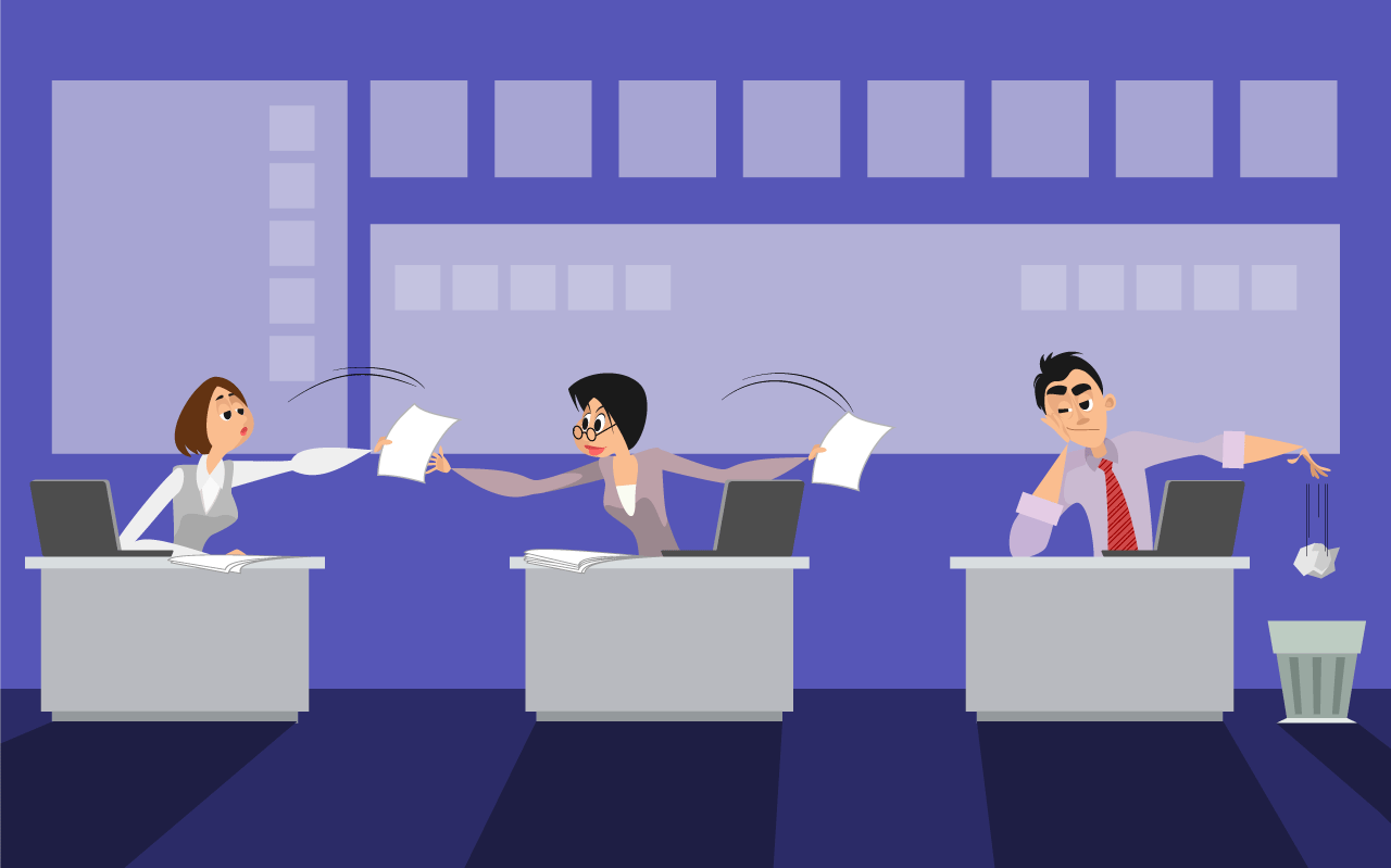 An illustration of three office workers, where the first two are passing documents to a third, who subsequently throws them into the trash