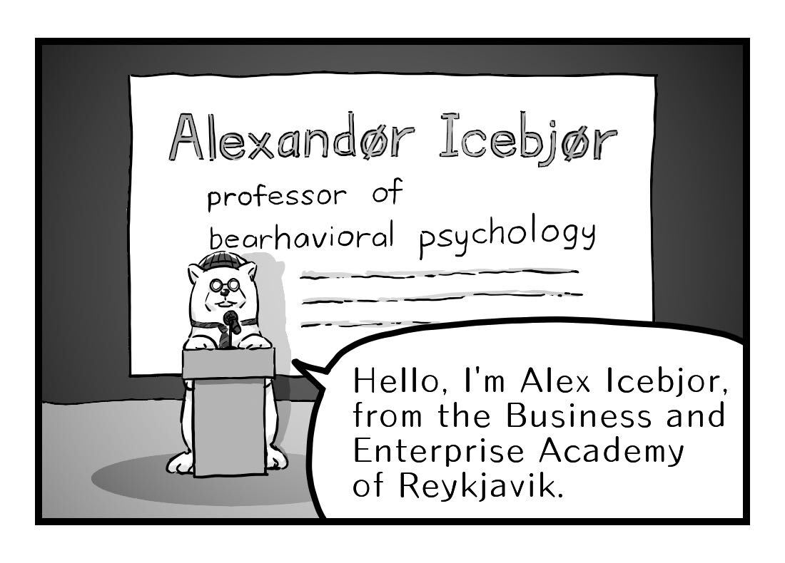 the professor introduces himself as Alex Icebjor of the Business and Enterprise Academy of Reykjavik